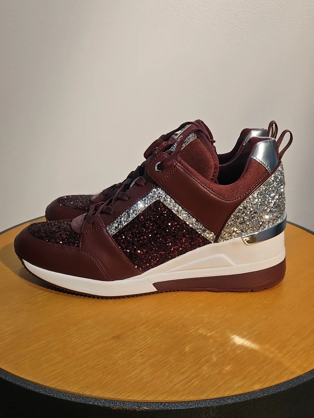 MICHAEL Michael Kors Merlot and Silver Glitter Wedge Sneakers